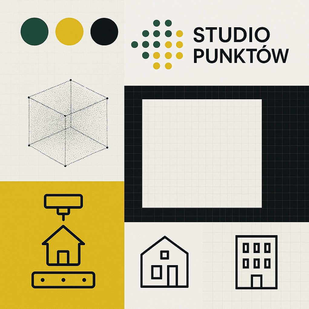 Grafika z logo 'Studio Punktów', abstrakcyjną kostką, schematem drukowania domu 3D i ikonami domu oraz budynku na kremowym tle w kratkę.
