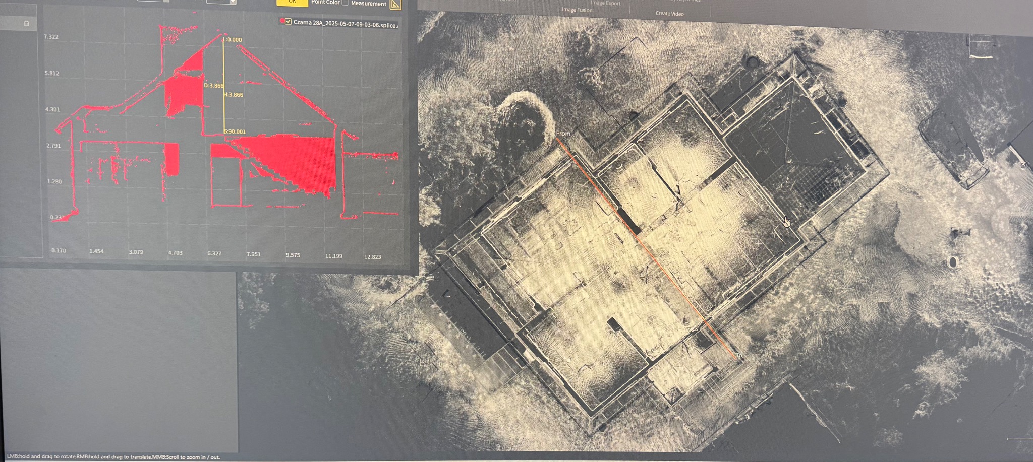 Skan 3D budynku w trakcie budowy z nałożonym schematem, prezentowany na ekranie komputera. Widok z góry, szara tonacja, szczegółowa wizualizacja konstrukcji.