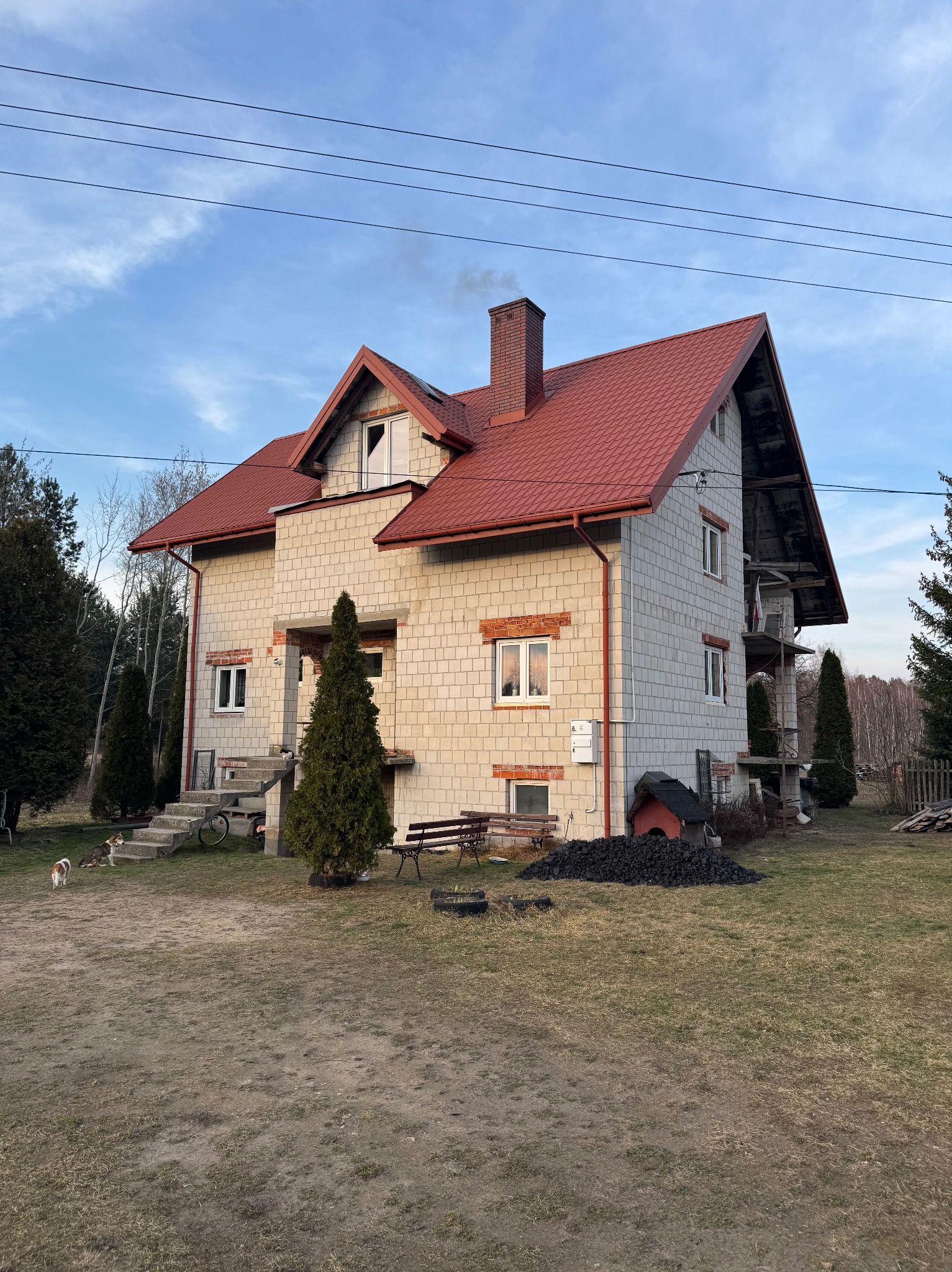 Dwupiętrowy dom z czerwonym dachem w trakcie budowy, widoczne pustaki i rusztowania. Na podwórku drzewa, pies i sterta węgla. Dym z komina w pogodny dzień.