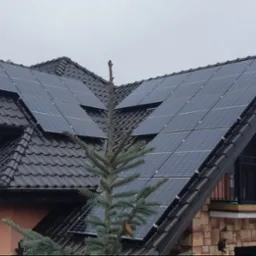 Panele fotowoltaiczne zamontowane na dachu domu jednorodzinnego z czarną dachówką, widoczne zza świerku.