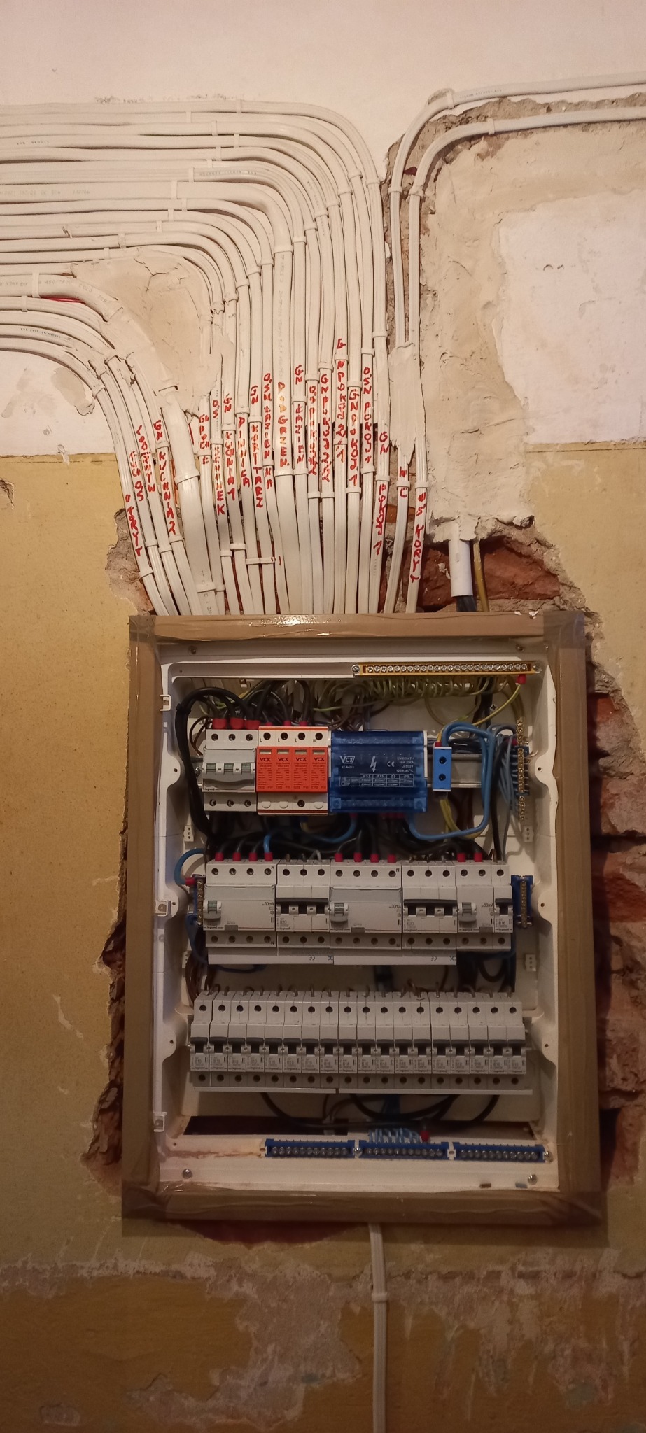 Rozdzielnia elektryczna z licznymi zabezpieczeniami, zasilana wiązką przewodów oznaczonych czerwonymi napisami, zamontowana na ścianie z widocznymi uszkodzeniami tynku.