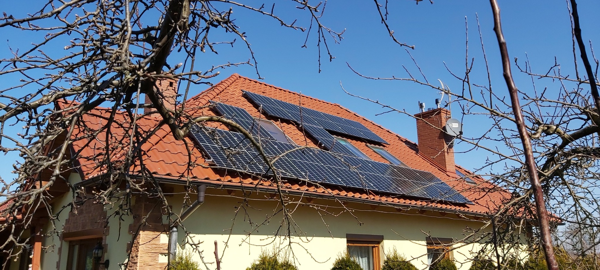 Panele słoneczne zamontowane na dachu domu jednorodzinnego z pomarańczową dachówką, widoczne przez gałęzie drzewa na tle błękitnego nieba.