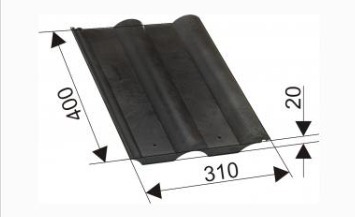 Czarna dachówka z naniesionymi wymiarami: 400, 310, 20.