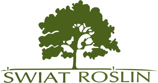 Logo firmy 'Świat Roślin' przedstawiające stylizowane drzewo o rozłożystej koronie w kolorze zielonym, umieszczone nad nazwą firmy napisaną zieloną czcionką.