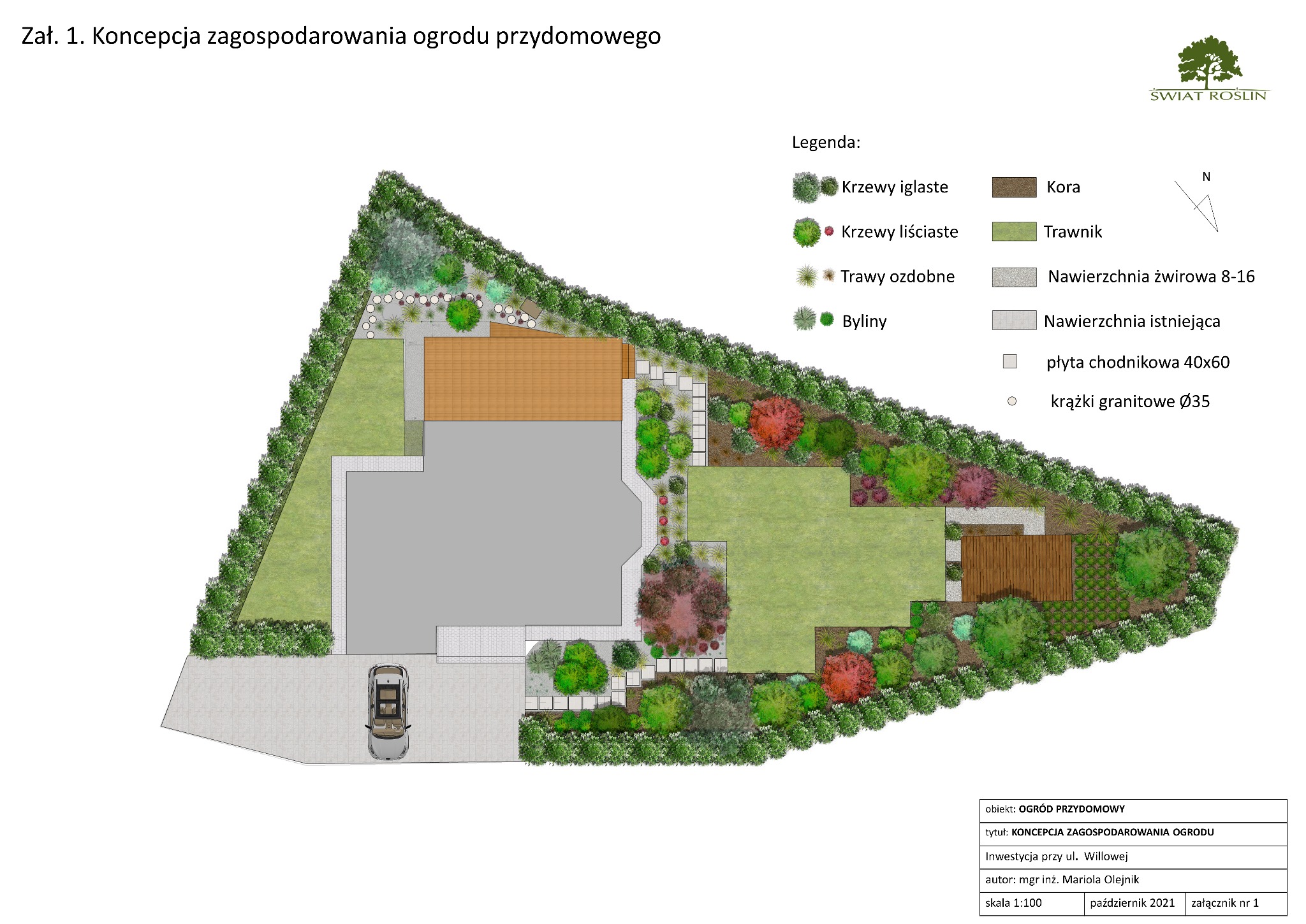 Plan zagospodarowania ogrodu przydomowego z zaznaczonymi krzewami iglastymi i liściastymi, trawnikiem, nawierzchnią żwirową, płytami chodnikowymi i krążkami granitowymi.
