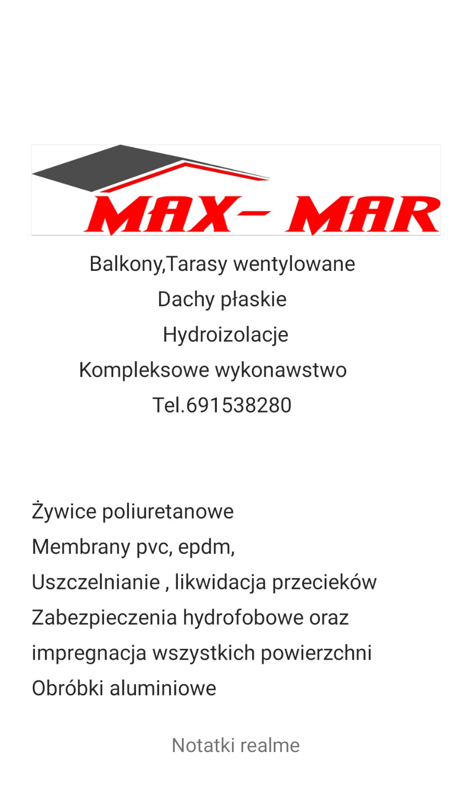 Logo firmy MAX-MAR oferującej balkony, tarasy wentylowane, dachy płaskie, hydroizolacje, kompleksowe wykonawstwo, żywice poliuretanowe, membrany PVC, EPDM, uszczelnianie, likwidację przecieków...