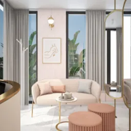 Jasny salon w pastelowych odcieniach z sofą, okrągłymi pufami, stolikiem kawowym, dekoracyjnym lustrem i widokiem na zieleń za oknem.