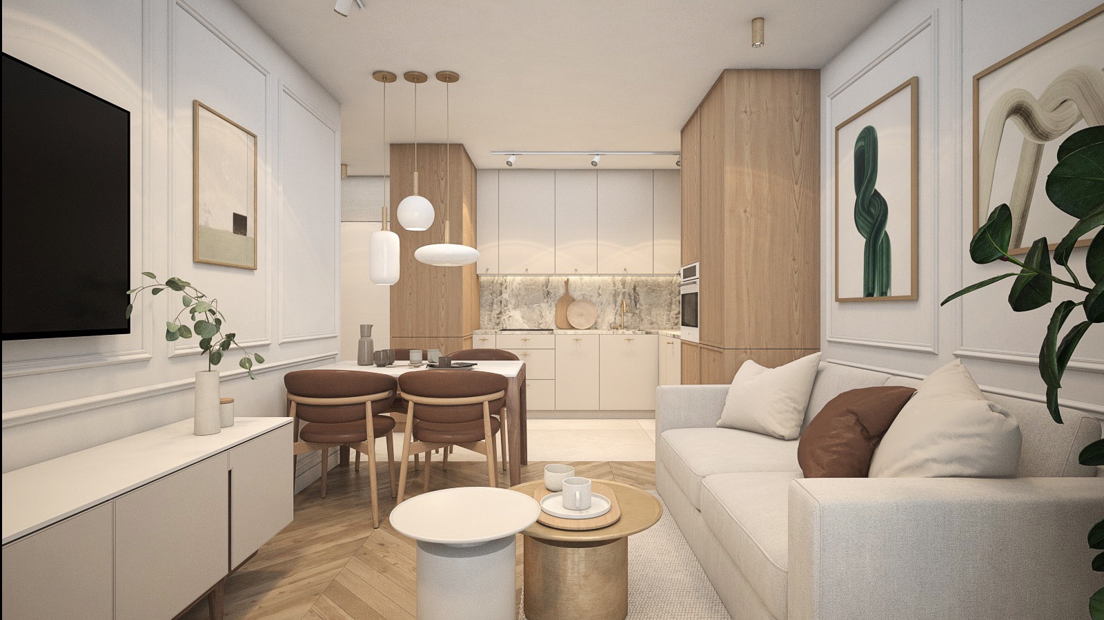 Jasne, przestronne wnętrze mieszkania w Krakowie z aneksem kuchennym i salonem, urządzone w nowoczesnym stylu z elementami drewna i bieli, z widocznymi obrazami na ścianach i roślinami doniczkowymi.