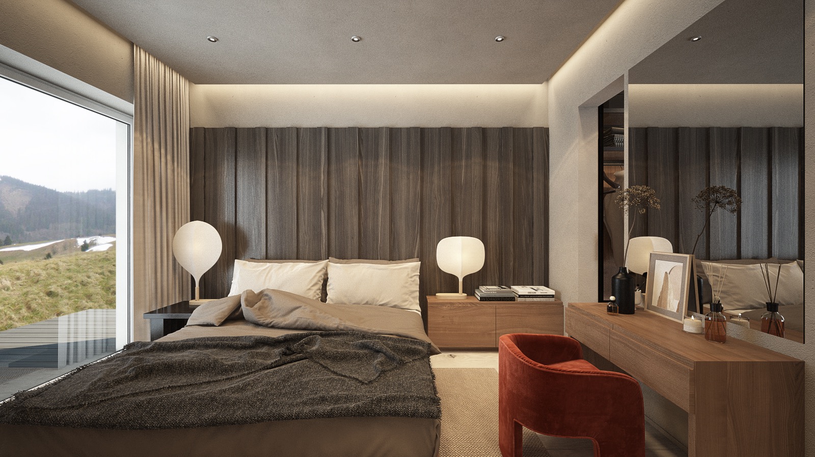 Nowoczesna sypialnia z dużym oknem z widokiem na góry, drewnianym panelem za łóżkiem, lampkami nocnymi w kształcie kuli, toaletką z lustrem i czerwonym krzesłem welurowym