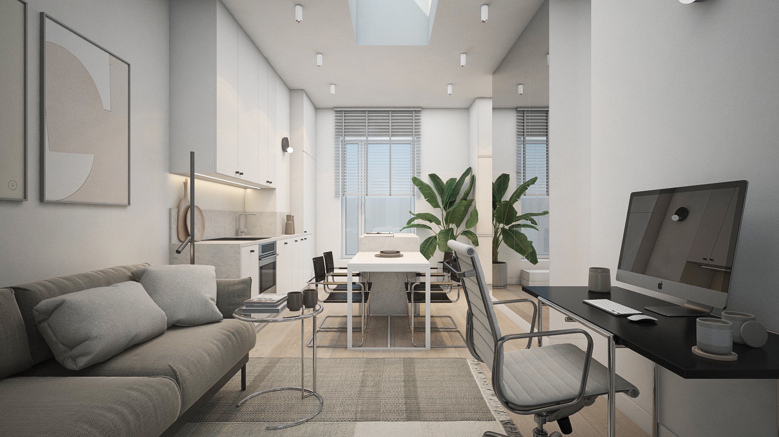 Wnętrze mieszkania w neutralnych barwach z otwartą przestrzenią łączącą kuchnię, jadalnię i strefę pracy z komputerem. Widoczny szary narożnik, biały stół jadalny z czarnymi krzesłami, biurko...