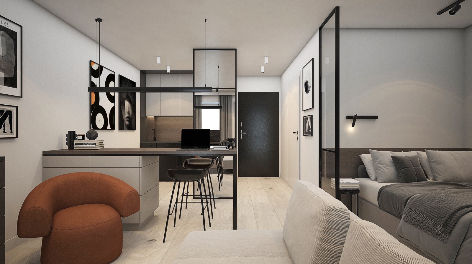 Wizualizacja małego mieszkania z aneksem kuchennym oddzielonym szklaną ścianką od sypialni, z pomarańczowym fotelem i czarnymi hokerami przy blacie.