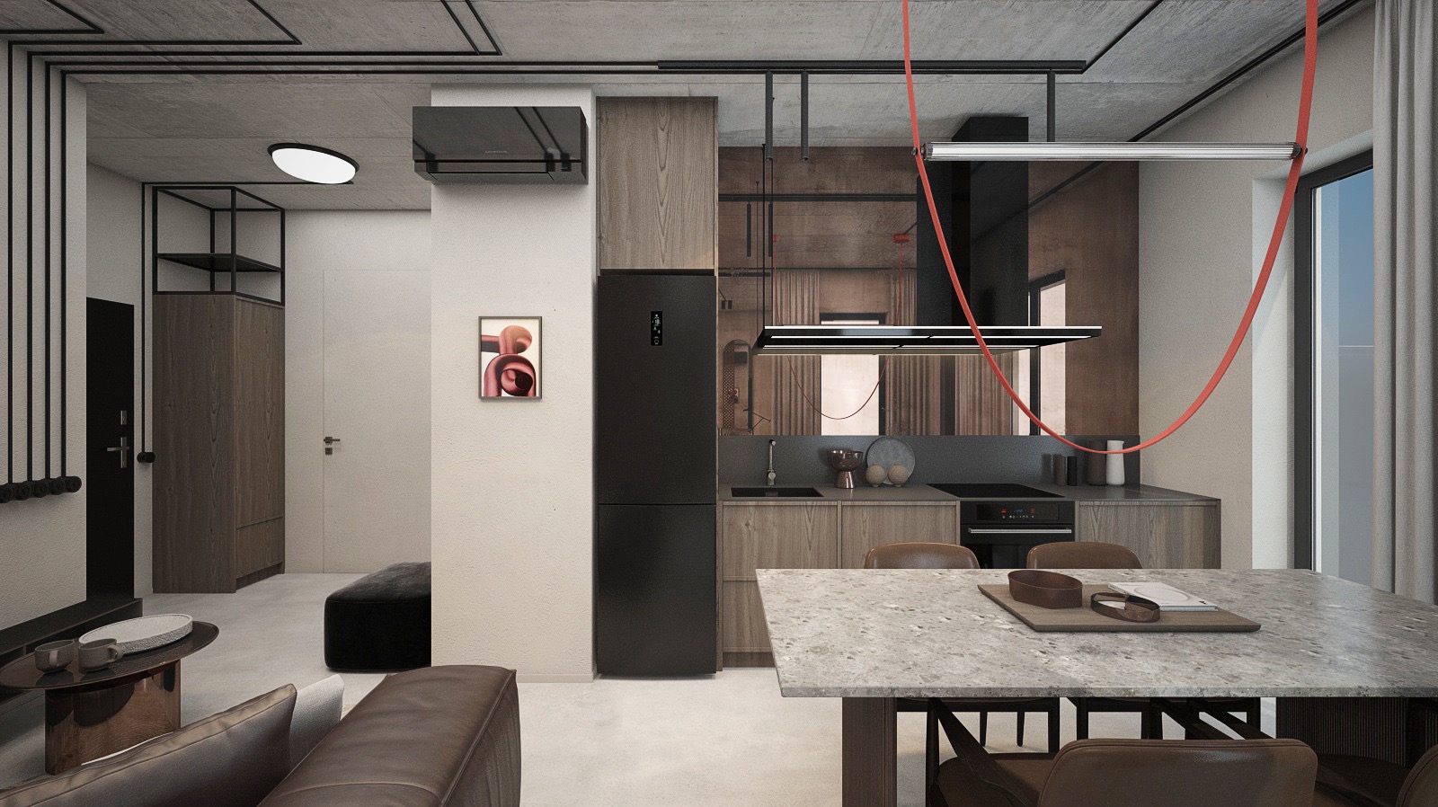 Nowoczesne wnętrze mieszkania z otwartą kuchnią i salonem, betonowy sufit z czarnymi rurami, czarna lodówka, stół z kamiennym blatem i czerwona lampa wisząca.