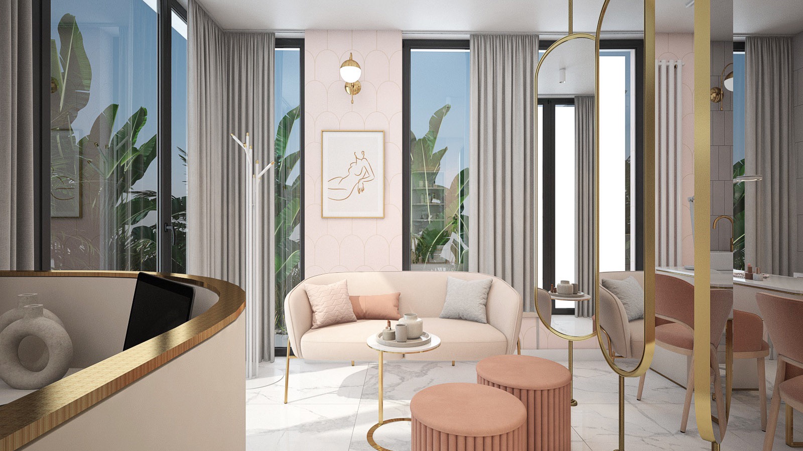 Jasny salon w pastelowych odcieniach z sofą, okrągłymi pufami, stolikiem kawowym, dekoracyjnym lustrem i widokiem na zieleń za oknem.