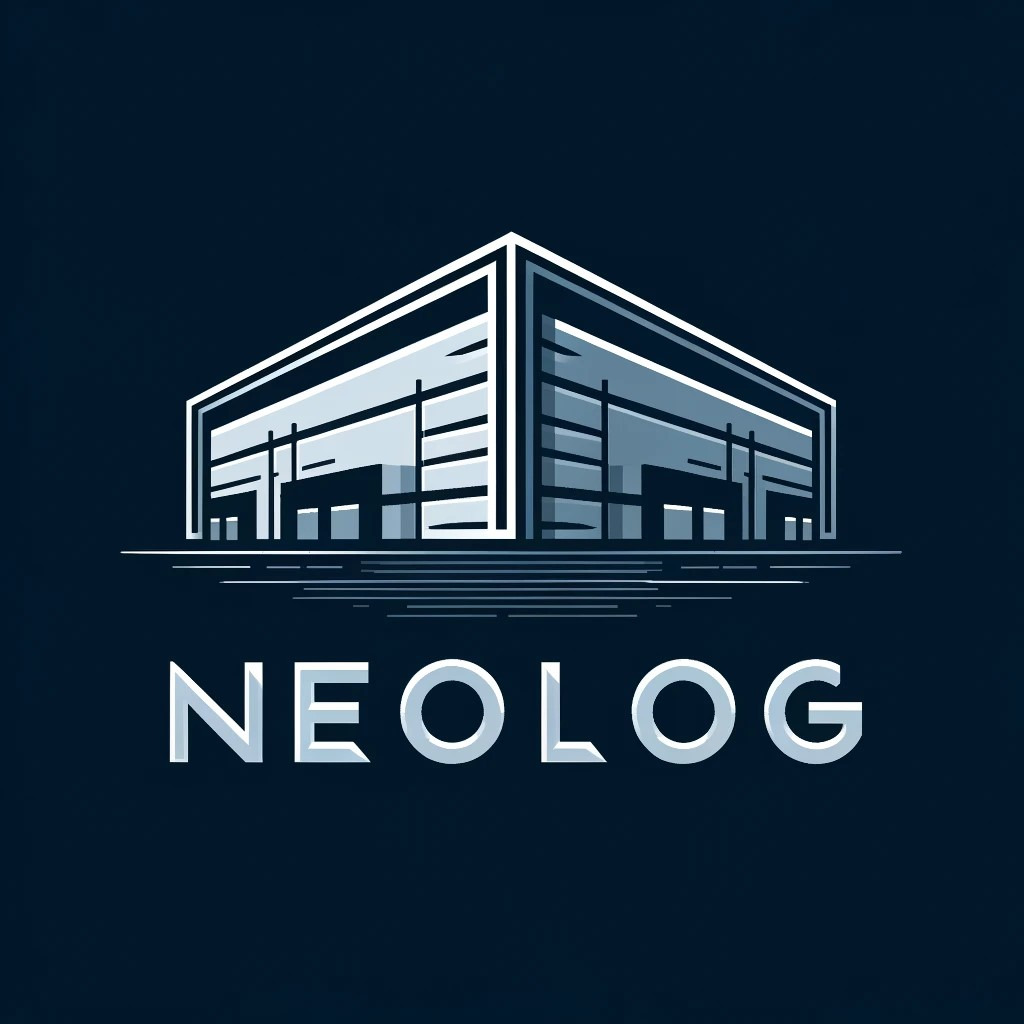 Stylizowane logo przedstawiające budynek magazynu, oświetlony w chłodnych odcieniach szarości i bieli, z nazwą firmy 'NEOLOG' poniżej na ciemnoniebieskim tle.