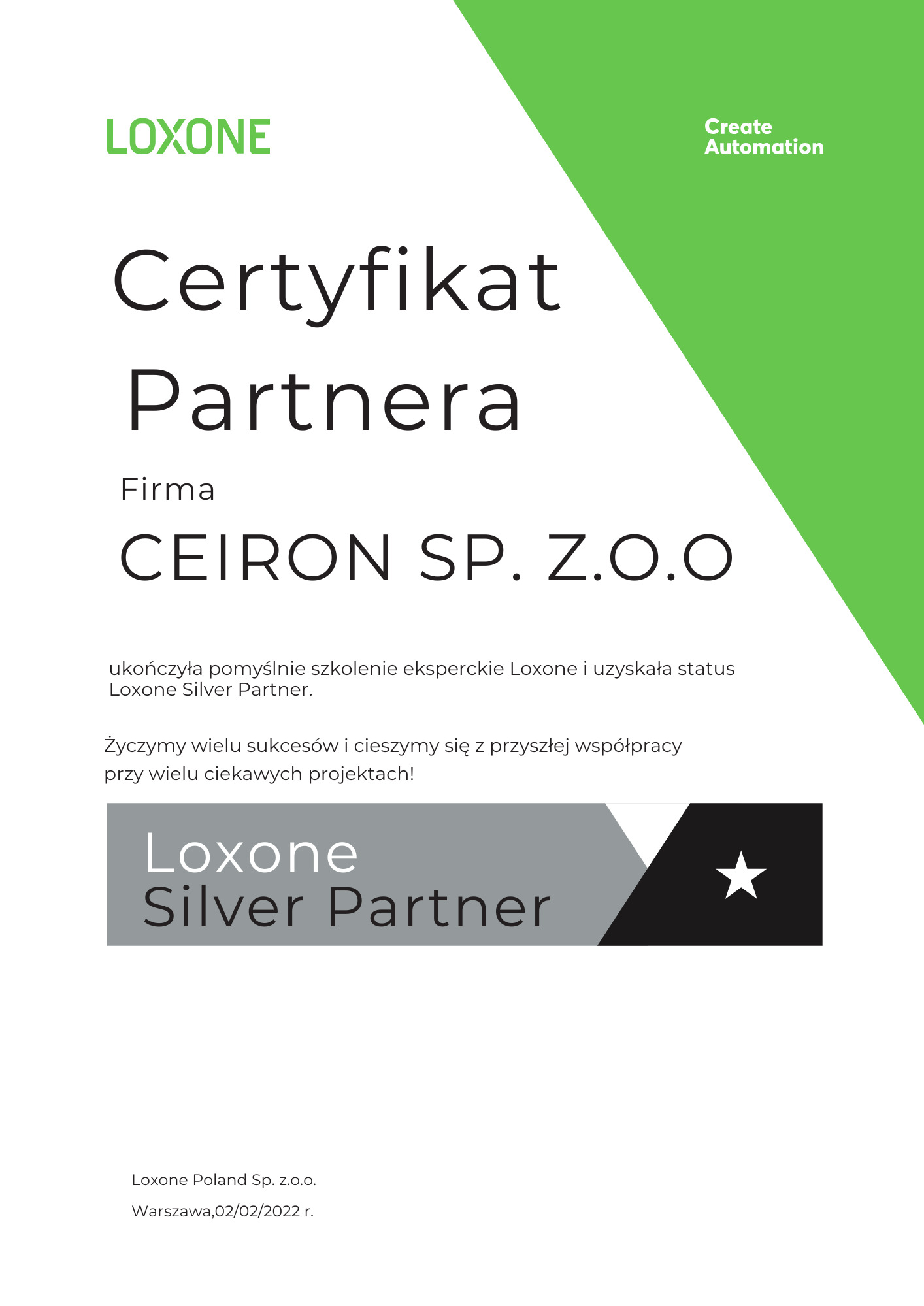 Certyfikat Partnera Loxone