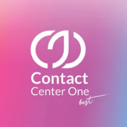 Logo firmy Contact Center One z abstrakcyjnym symbolem graficznym na rozmytym tle w odcieniach różu i błękitu.