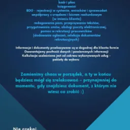 Grafika reklamowa biura oferującego kompleksowe usługi biurowe, kadrowe, księgowe i rekrutacyjne dla małych i średnich przedsiębiorstw, z hasłem 'Zamienimy chaos w porządek'.