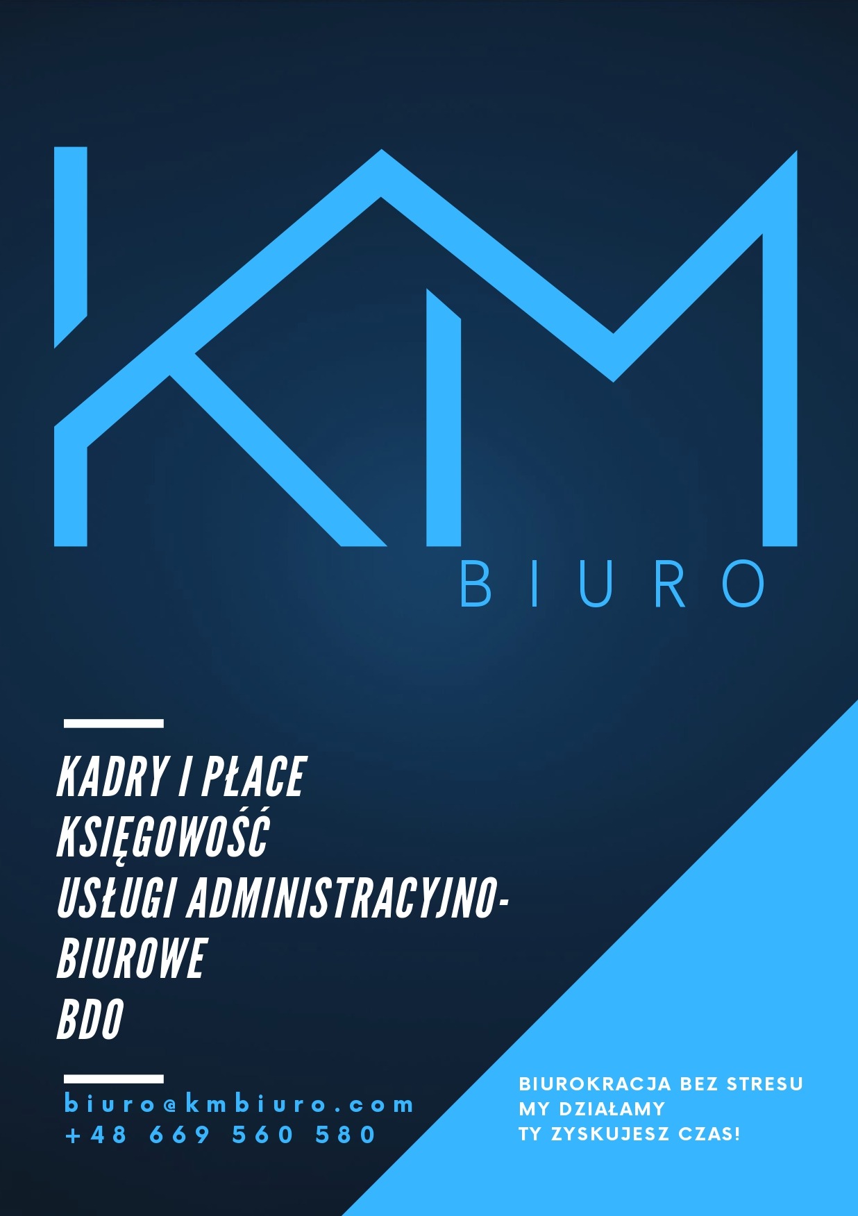 Grafika z niebieskim logo KM Biuro na ciemnym tle, prezentująca usługi kadrowe, płacowe, księgowe i administracyjno-biurowe, z hasłem 'Biurokracja bez stresu'.
