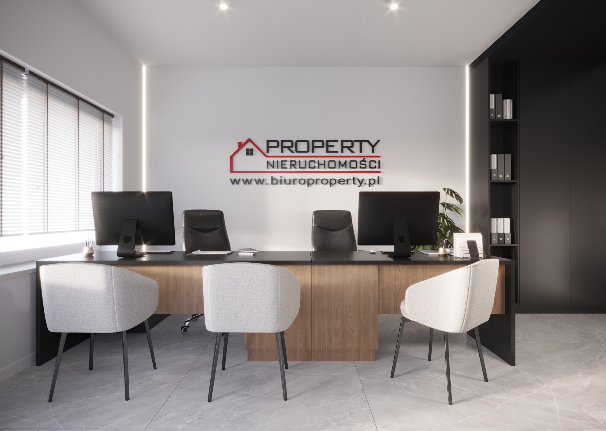 Nowoczesne biuro agencji nieruchomości z logo Property Nieruchomości na białej ścianie, biurko z komputerami, szare krzesła i czarne szafy w tle.