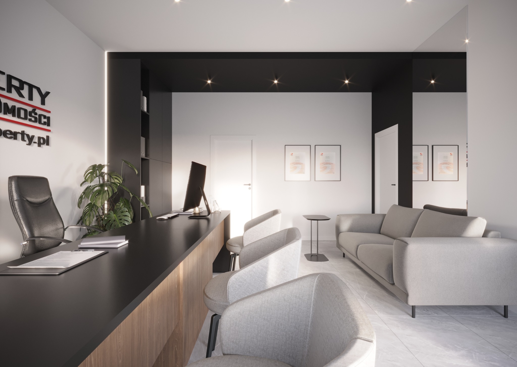 Nowoczesne biuro agencji nieruchomości z czarnym biurkiem, szarymi krzesłami, sofą i rośliną doniczkową, widoczne logo firmy na ścianie.
