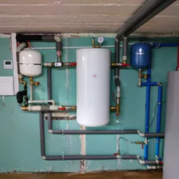 Kompletna instalacja grzewcza z białym zasobnikiem ciepłej wody, niebieskim naczyniem przeponowym i szarymi rurami w piwnicy z surowymi ścianami. Widoczny manometr i zawory.