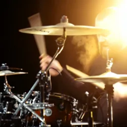 Perkusista z brodą gra na perkusji pod silnym światłem, uderzając pałeczkami w talerze, widoczny dym.