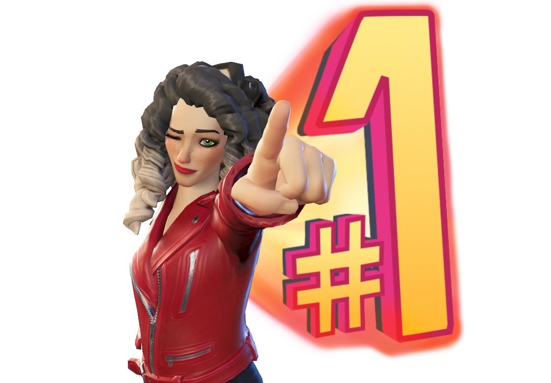 Stylizowana postać kobiety w czerwonej kurtce, mrugająca okiem i wskazująca palcem do góry, obok duży symbol numeru jeden z hasztagiem, na białym tle.