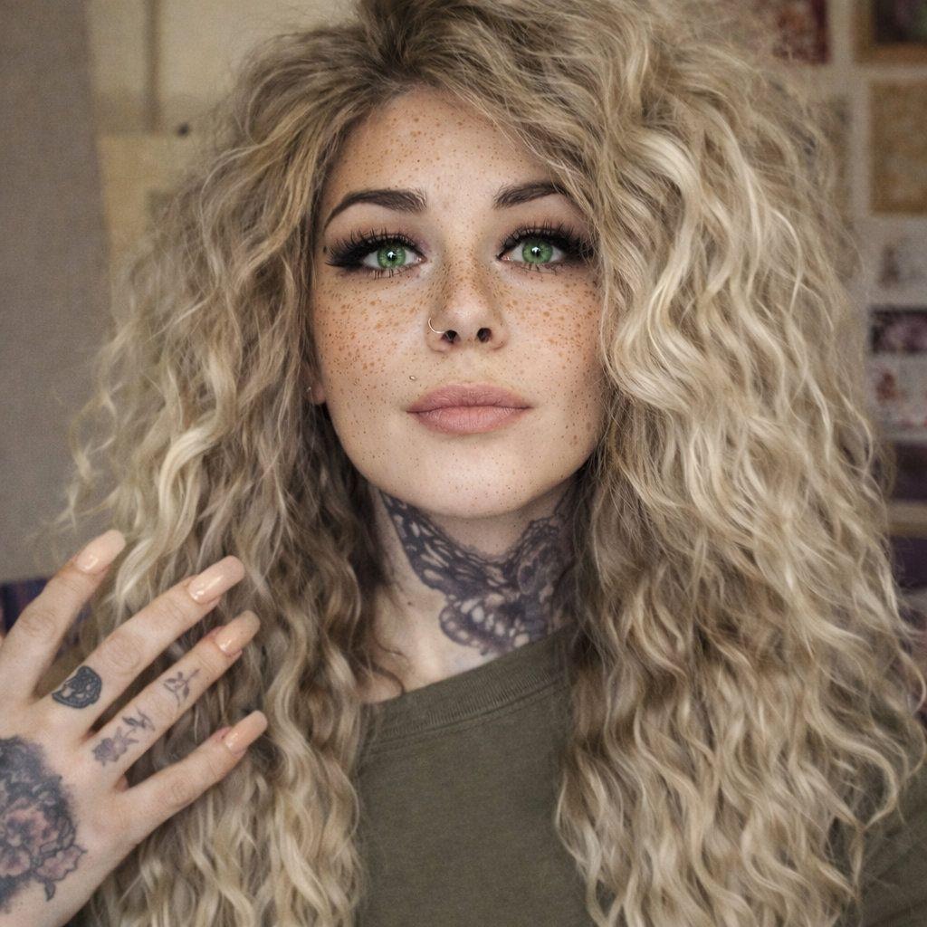 Portret kobiety z piegami, zielonymi oczami i tatuażami na dłoni i szyi. Blond kręcone włosy opadają na ramiona. Ujęcie z bliska, skupione na twarzy i górnej części ciała.