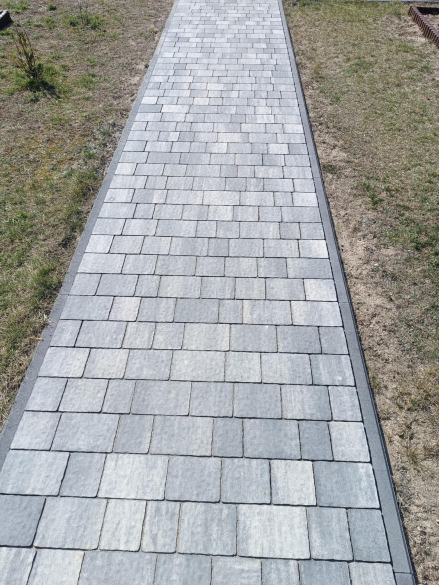 Ścieżka z jasnoszarej kostki o nieregularnym kształcie, obrzeża z ciemniejszej kostki, trawa po bokach, widok z góry.