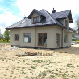 Surowa elewacja domu jednorodzinnego z ciemną dachówką, widoczne drewniane okna i palety na niezagospodarowanym terenie.