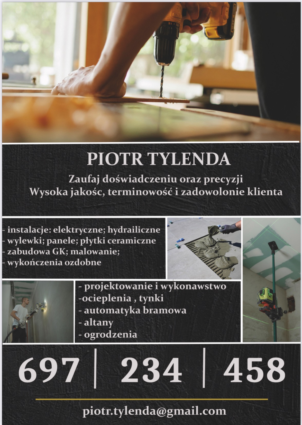 Kolaż reklamowy firmy remontowej: wiertarka w akcji, układanie płytek, laser krzyżowy na suficie z płyt kartonowo-gipsowych, natrysk gładzi, dane kontaktowe.