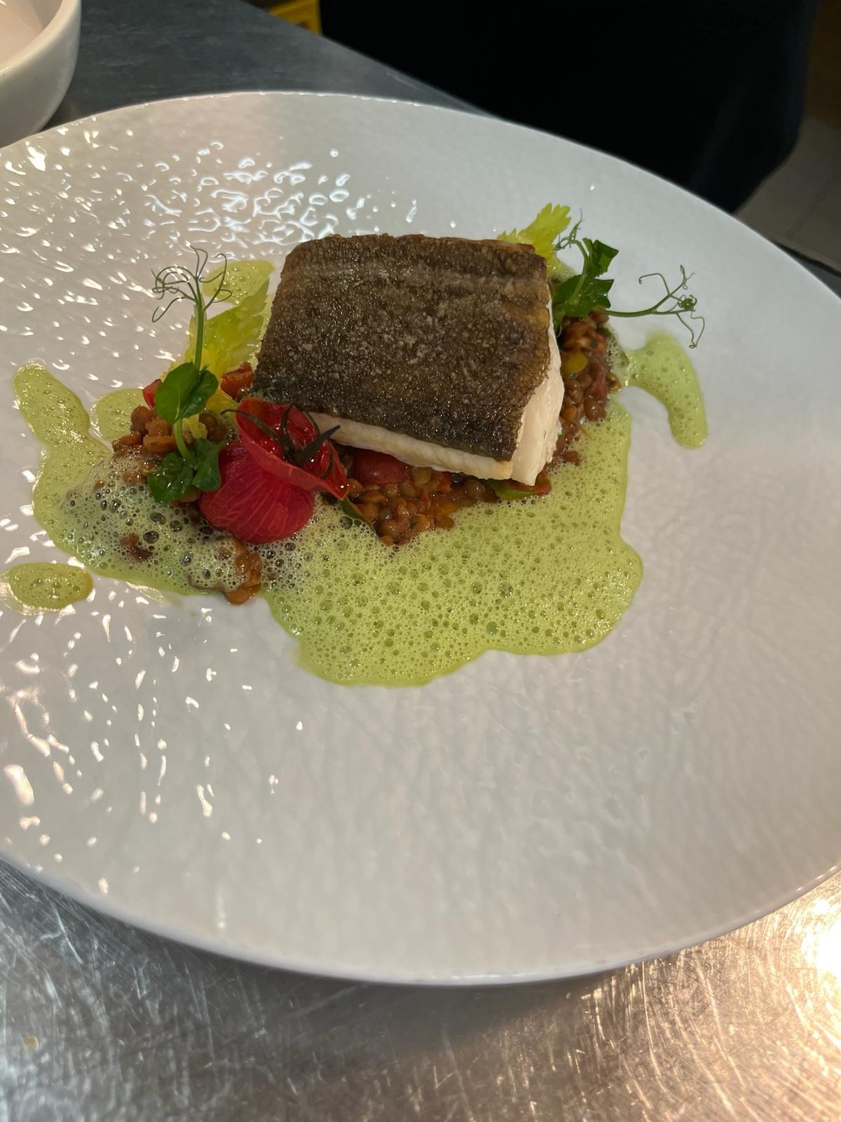 Wykwintnie podany filet rybny na soczewicy z pomidorami, udekorowany zielonym musem i świeżymi ziołami na białym talerzu z delikatną fakturą.