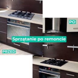 SANMIR SPÓŁKA Z OGRANICZONĄ ODPOWIEDZIALNOŚCIĄ - Kuchnia z ciemnymi szafkami przed i po sprzątaniu: brudny piekarnik i płyta gazowa vs. czysty piekarnik i płyta gazowa, widoczne różnice w połysku powierzchni.