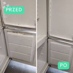 SANMIR SPÓŁKA Z OGRANICZONĄ ODPOWIEDZIALNOŚCIĄ - Lodówka z otwartymi drzwiami i szufladami zamrażarki: widok 'przed' z widocznym brudem i osadem, zestawiony z widokiem 'po' czyszczeniu, prezentującym czyste, białe powierzchnie.