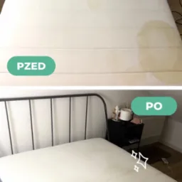 Materac łóżka przed i po czyszczeniu, widoczne żółte plamy usunięte, ujęcie z góry.