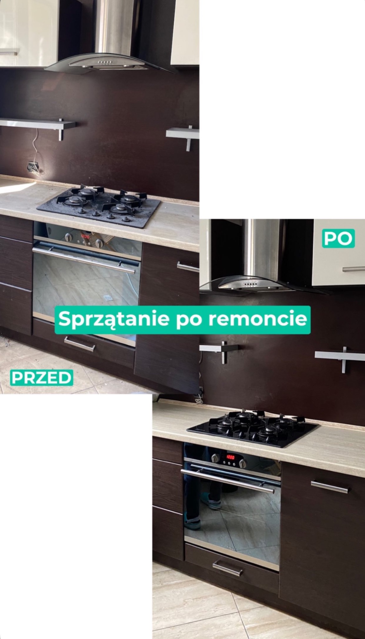 Kuchnia z ciemnymi szafkami przed i po sprzątaniu: brudny piekarnik i płyta gazowa vs. czysty piekarnik i płyta gazowa, widoczne różnice w połysku powierzchni.