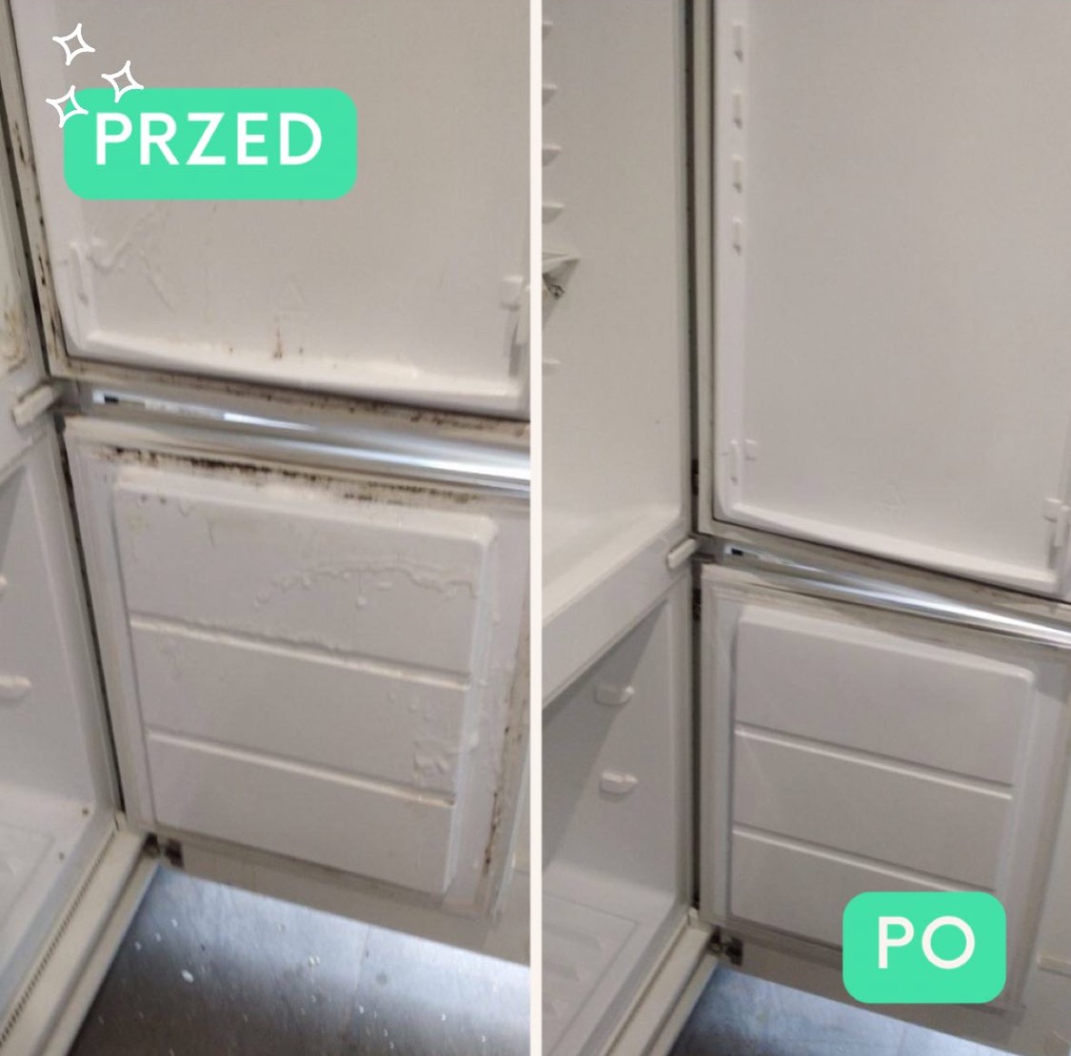 Lodówka z otwartymi drzwiami i szufladami zamrażarki: widok 'przed' z widocznym brudem i osadem, zestawiony z widokiem 'po' czyszczeniu, prezentującym czyste, białe powierzchnie.