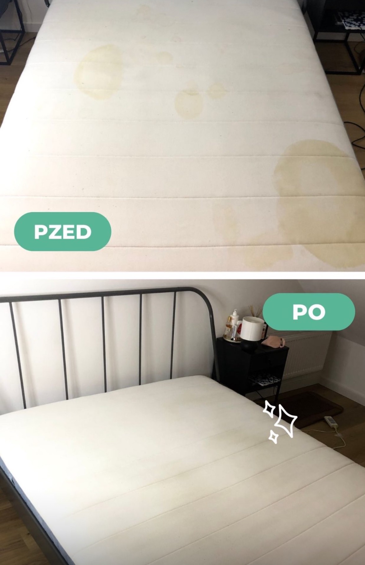 Materac łóżka przed i po czyszczeniu, widoczne żółte plamy usunięte, ujęcie z góry.