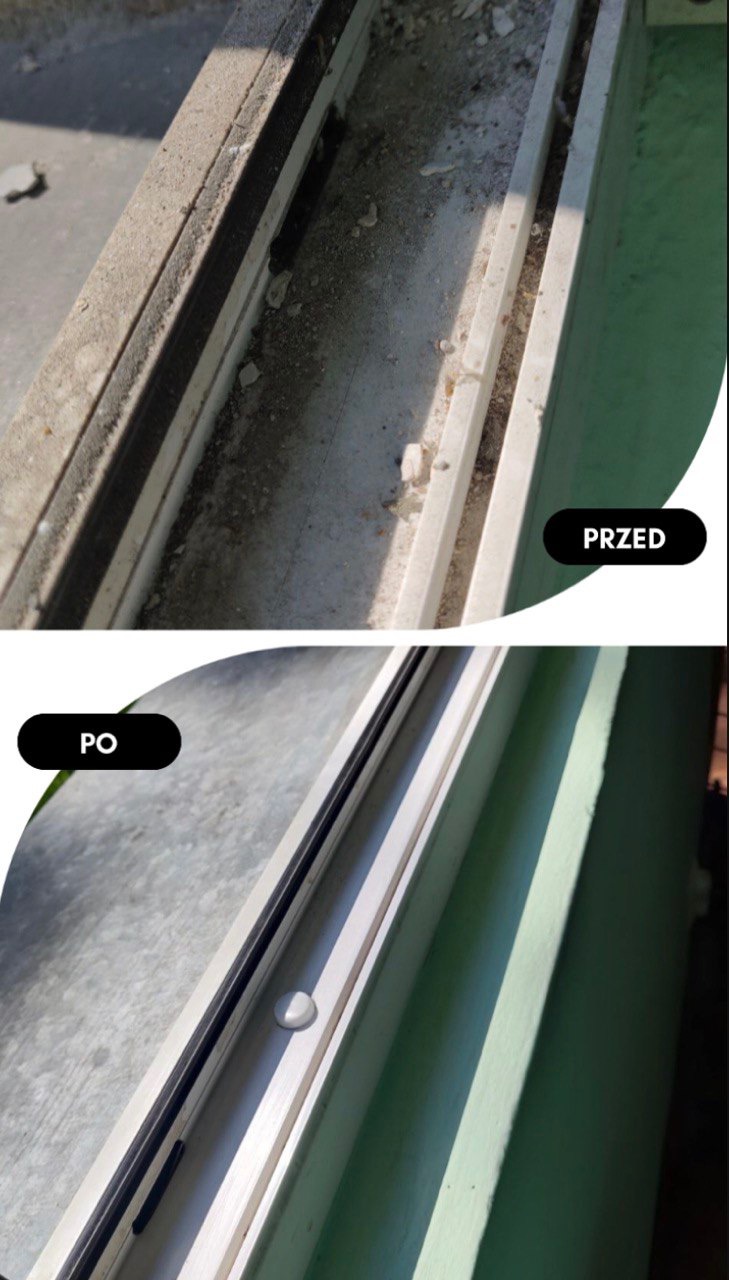 Porównanie stanu parapetu okiennego przed i po czyszczeniu, widoczne różnice w czystości i usunięciu zabrudzeń, z naciskiem na detale profili okiennych.