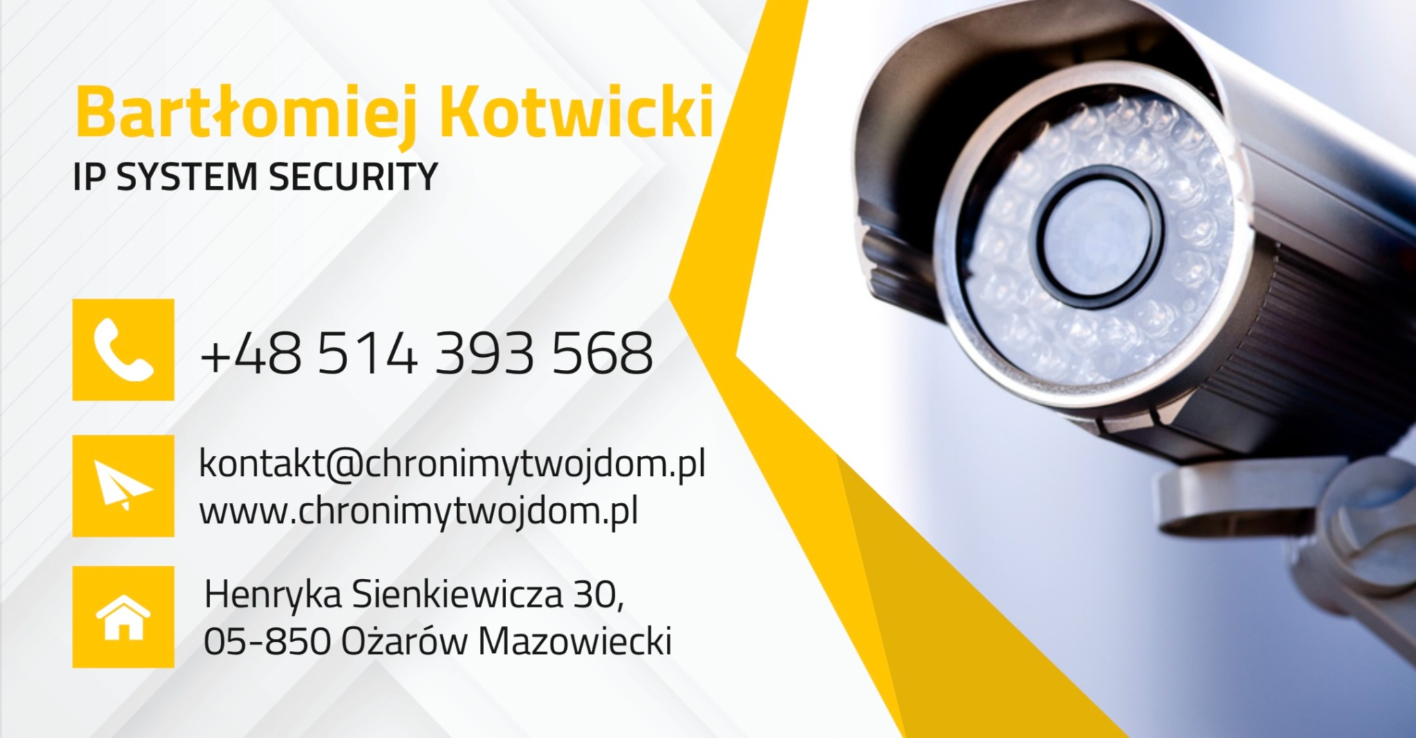 Wizytówka firmy Bartłomiej Kotwicki IP SYSTEM SECURITY z adresem, numerem telefonu i adresem strony internetowej, obok której znajduje się zbliżenie na kamerę przemysłową z diodami IR.