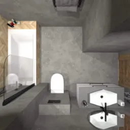 Wizualizacja nowoczesnej łazienki z drewnianą mozaiką na ścianie, szarą armaturą i geometrycznymi umywalkami.