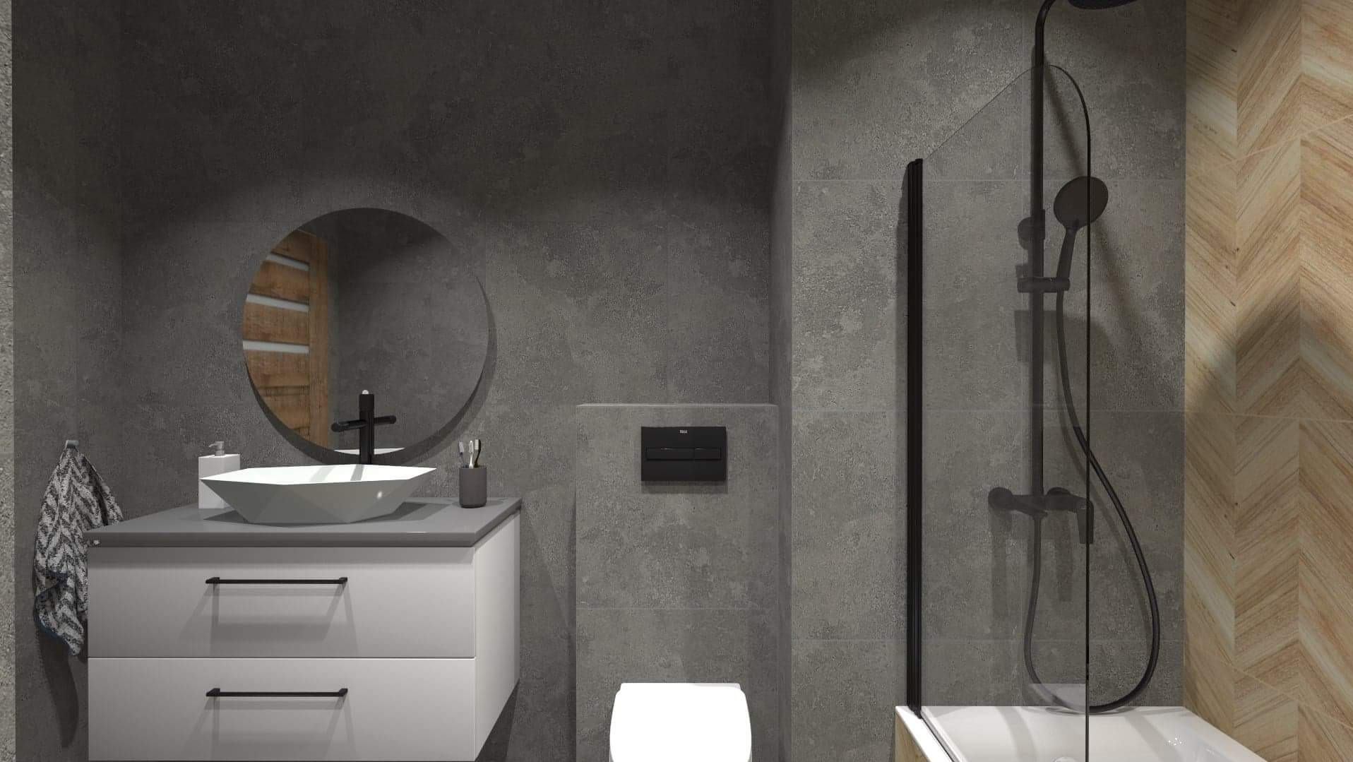 Nowoczesna łazienka z szarą, betonową fakturą na ścianach, białą umywalką nablatową o geometrycznym kształcie, okrągłym lustrem i kabiną prysznicową z czarną armaturą.