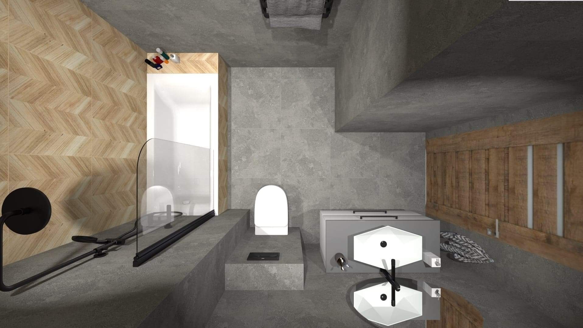 Wizualizacja nowoczesnej łazienki z drewnianą mozaiką na ścianie, szarą armaturą i geometrycznymi umywalkami.