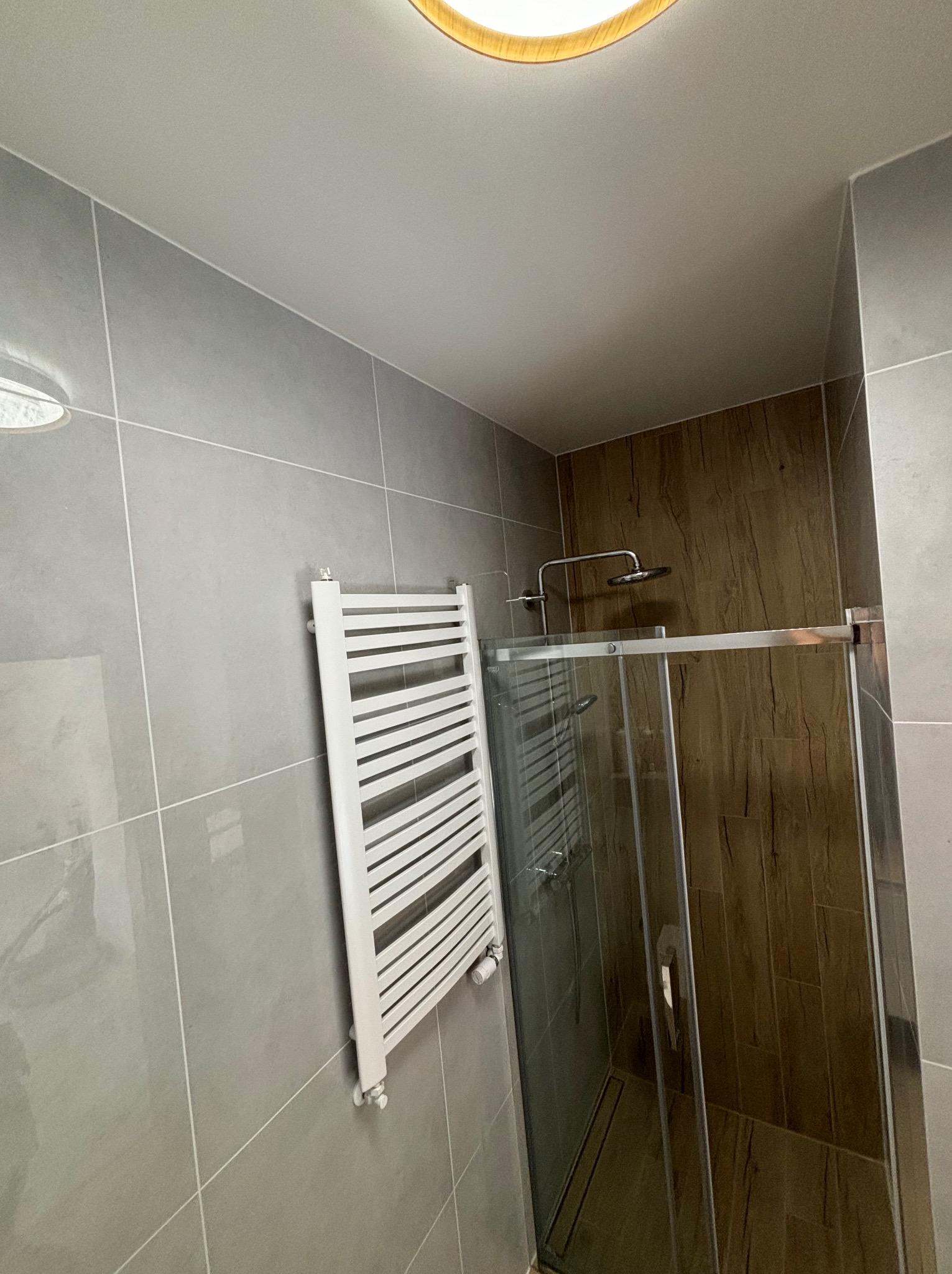 Szara łazienka z kabiną prysznicową z drewnopodobnymi płytkami, białym grzejnikiem drabinkowym i okrągłym oświetleniem sufitowym.