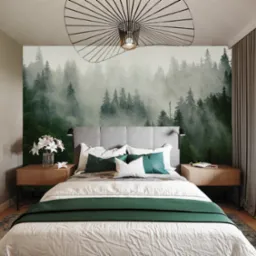 Sypialnia z łóżkiem, szarą tapicerowaną ramą, zielonymi poduszkami i narzutą, fototapetą z motywem mglistego lasu, drewnianymi szafkami nocnymi i designerską lampą sufitową.