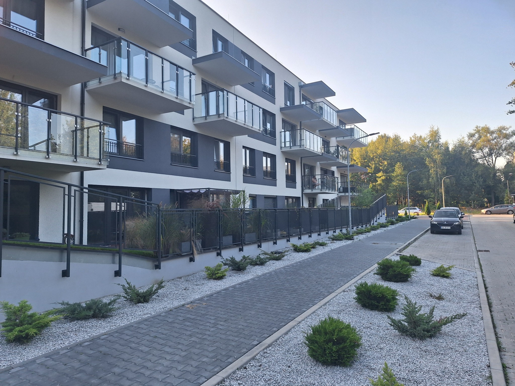 Nowoczesny budynek apartamentowy z balkonami z przezroczystymi balustradami, widok z poziomu chodnika z kostki brukowej i rabat z krzewami iglastymi.