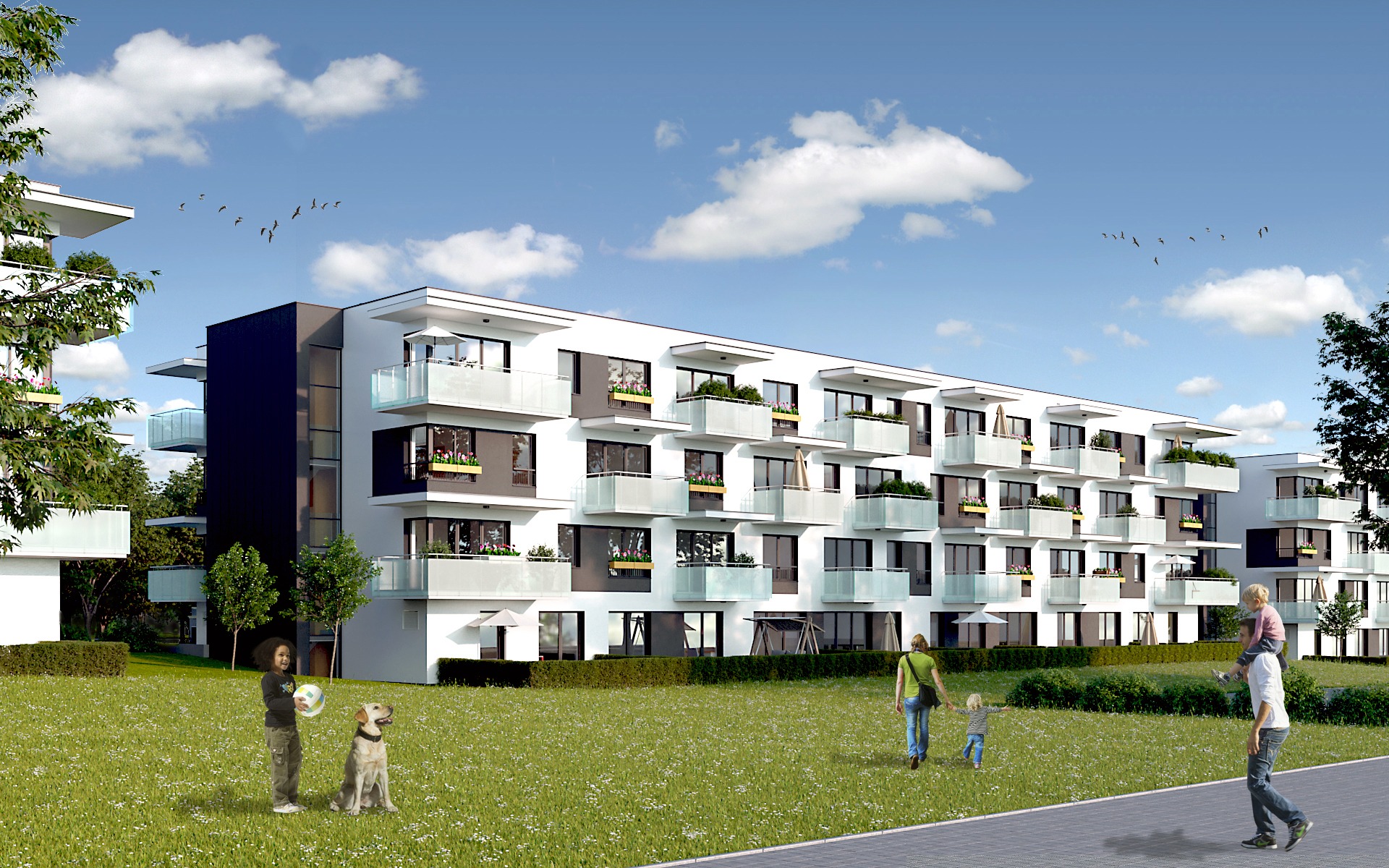 Wizualizacja nowego budynku mieszkalnego z balkonami, otoczonego zielonym trawnikiem z bawiącymi się dziećmi i spacerującymi rodzinami w słoneczny dzień.