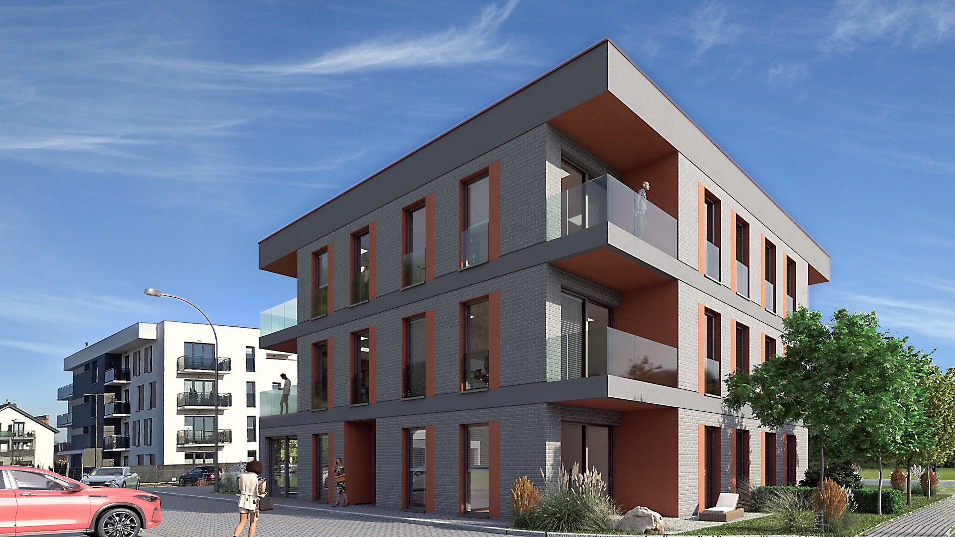 Wizualizacja nowoczesnego, trzypiętrowego budynku usługowego z szarej cegły z pomarańczowymi akcentami, balkonami z przezroczystymi balustradami i zagospodarowanym terenem wokół, z widocznymi...