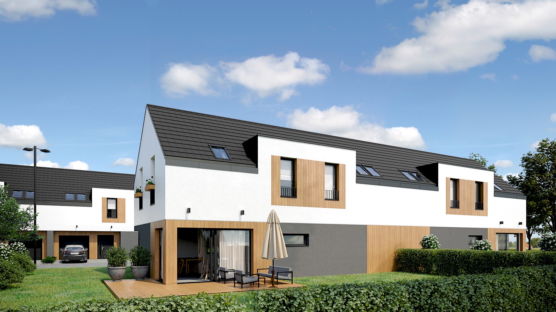 Wizualizacja szeregu nowoczesnych domów z białymi ścianami, grafitowymi dachami i drewnianymi elementami elewacji, z widocznym tarasem i meblami ogrodowymi.
