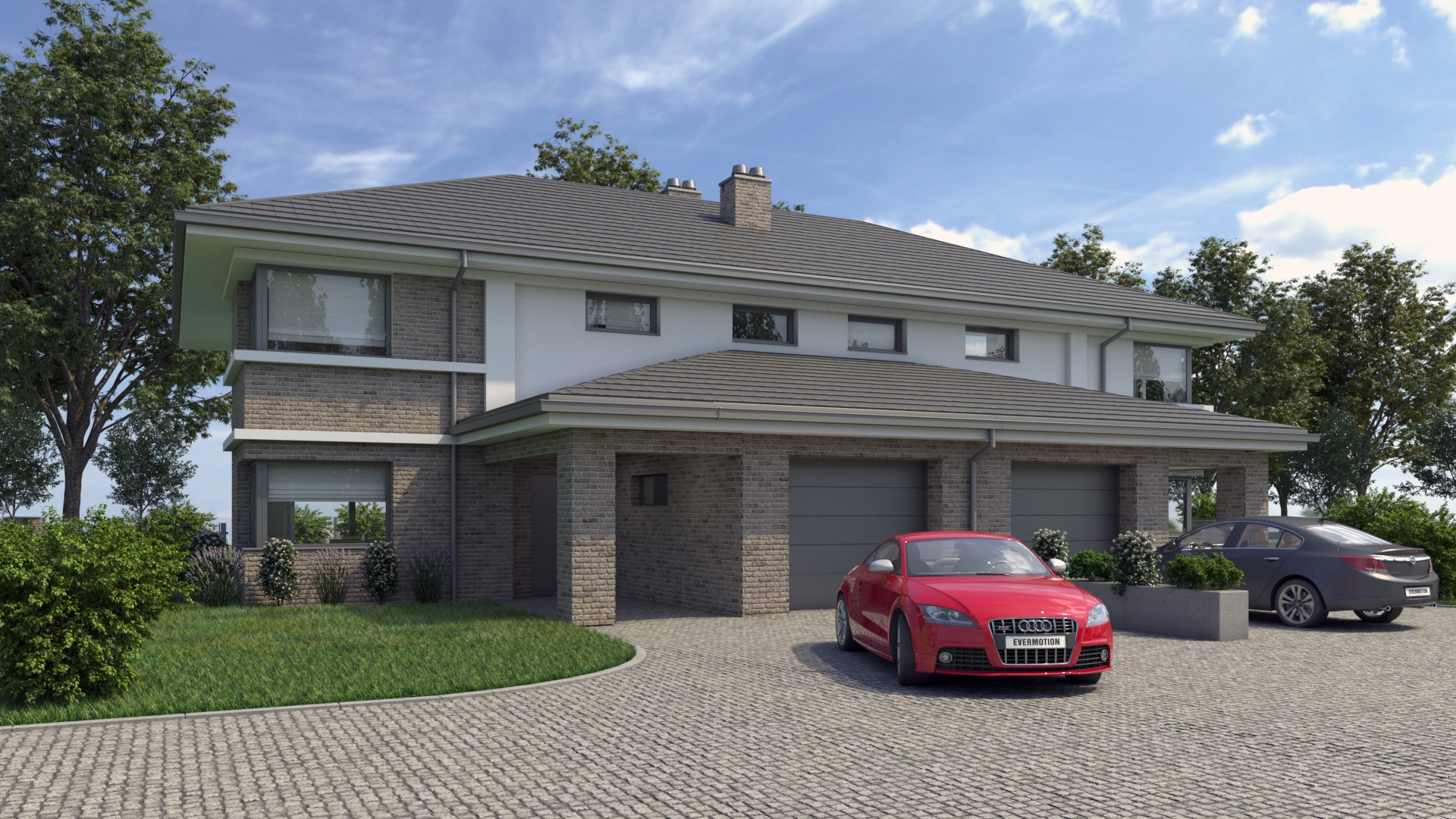 Wizualizacja bliźniaka z szarej cegły z trzema garażami, czerwonym Audi TT i szarym Oplem Insignia na podjeździe z kostki brukowej.